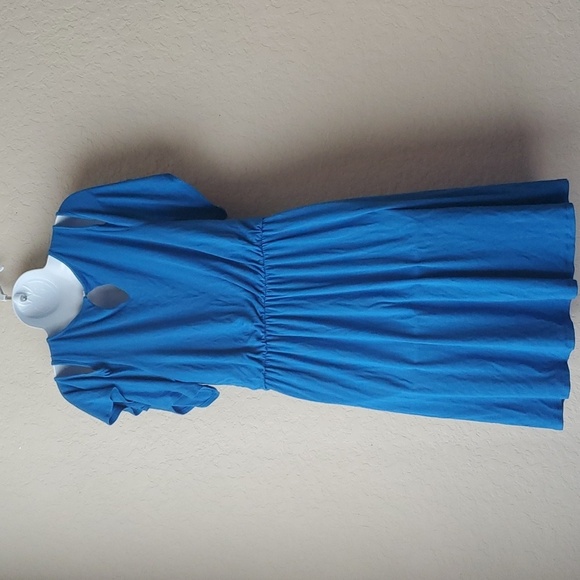 LOFT Womens Dress M Fit Flare Blue Cold Shoulder Rayon Knit Elastic Waist - Picture 3 of 7